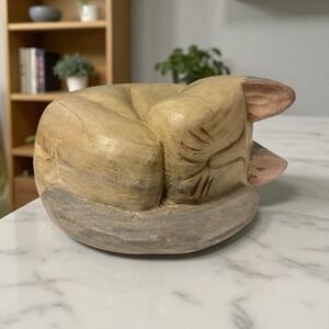 Heavy 11" Carved‎ Wood Curled Up Sleeping CAT Wood Figurine Dior Stopper Vintage